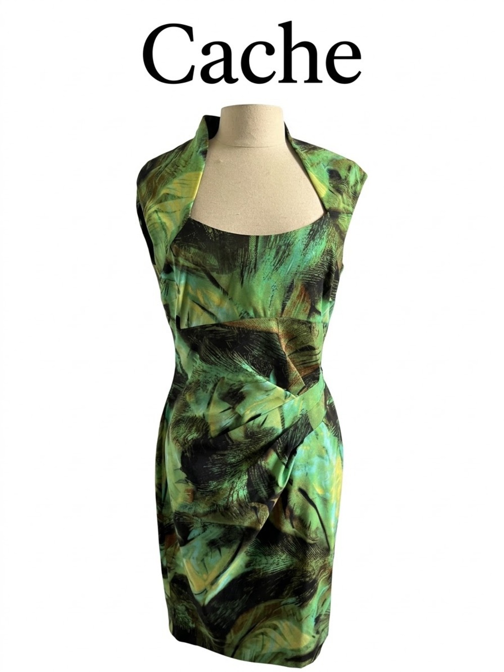 Vintage Cache Green and Black Abstract Print Sheath Mini Dress Size 8